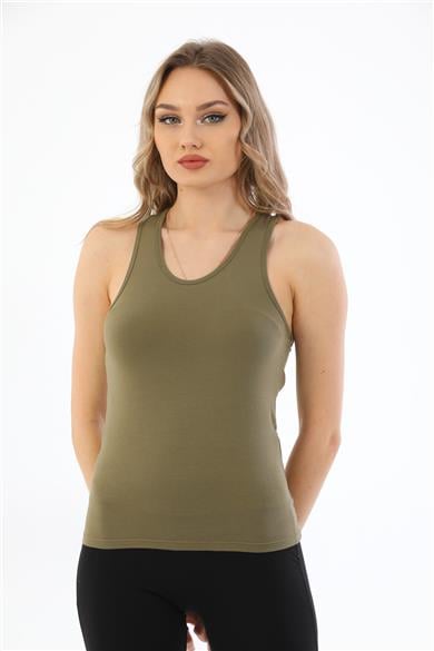 Kadın Pamuklu Likralı Sporcu Askılı Atlet-Haki