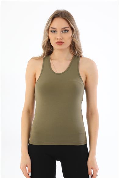 Kadın Pamuklu Likralı Sporcu Askılı Atlet-Haki