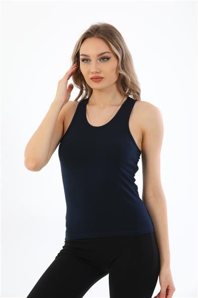 Kadın Pamuklu Likralı Sporcu Askılı Atlet-Lacivert