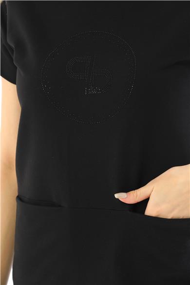 Kadın Taş Detaylı 2 İplik Elbise-Siyah