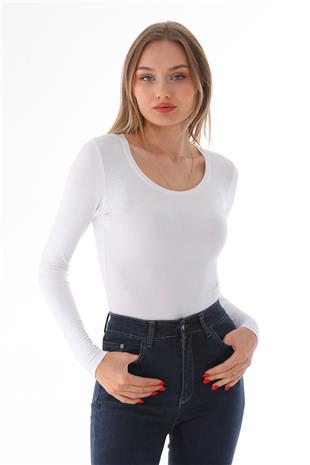 Kadın Viskon Dekolte Yaka Çıtçıtlı Zıbın Body-Beyaz