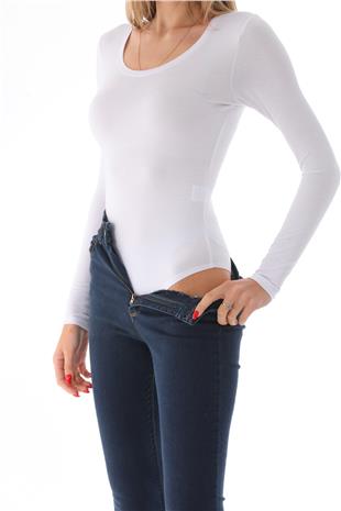 Kadın Viskon Dekolte Yaka Çıtçıtlı Zıbın Body-Beyaz