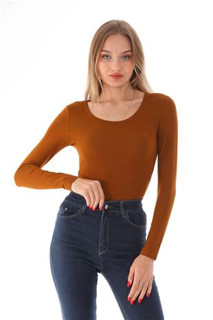 Kadın Viskon Dekolte Yaka Çıtçıtlı Zıbın Body-Kahve