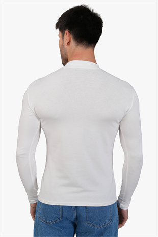 Erkek Dik Yaka Slim Fit Pamuk Likra Tişört-Off White