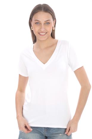 Viskon Dökümlü V Yaka Tişört-Beyaz