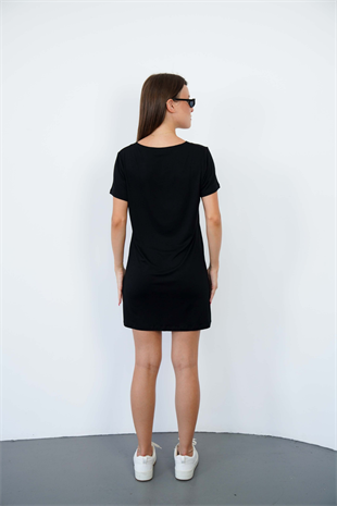 V Yaka Viskon Elbise-Siyah