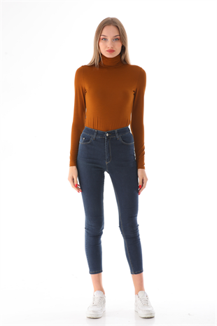 Kadın Viskon Tam Balıkçı Yaka Çıtçıtlı Zıbın Body-Kahve