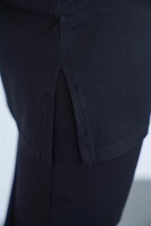 Viskon Dik Yaka Tunik ve Etek Takım-Siyah