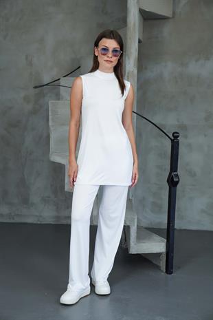 Viskon Kolsuz Tunik -Beyaz