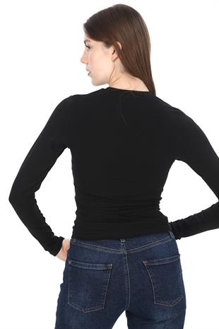 Likralı Pamuk Crop Tişört-Slim Fit-Siyah