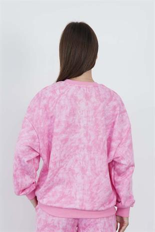 Valeria Kadın 3 İplik Şardonsuz Pamuk Oversize Bisiklet Yaka Sweatshirt-Pembe Baskılı