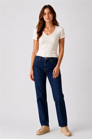 V Yaka Slim Fit Crop Tişört-Ekru