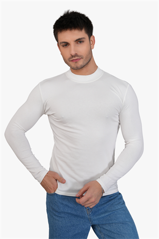 Erkek Dik Yaka Slim Fit Pamuk Likra Tişört-Off White