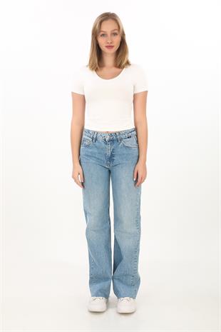 V Yaka Slim Fit Crop Tişört-Ekru