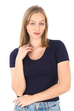 V Yaka Slim Fit Crop Tişört-Lacivert