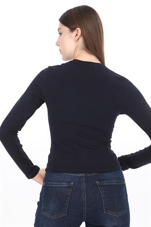 Likralı Pamuk Crop Tişört-Slim Fit-Lacivert
