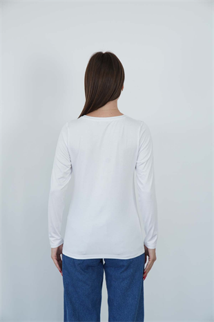 Kadın Zarif İnce Gösteren Viskon Tişört-Beyaz