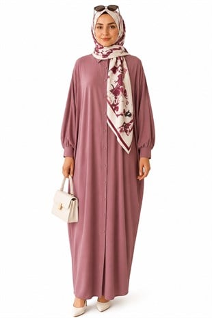 Kadın Sandy Tesettür Gömlek Elbise Abaya-Gül Kurusu
