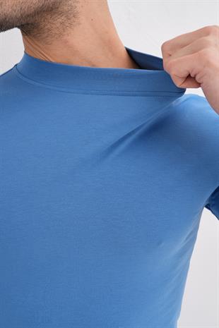 Erkek Dik Yaka Slim Fit Pamuk Likra Tişört-Koyu Mavi