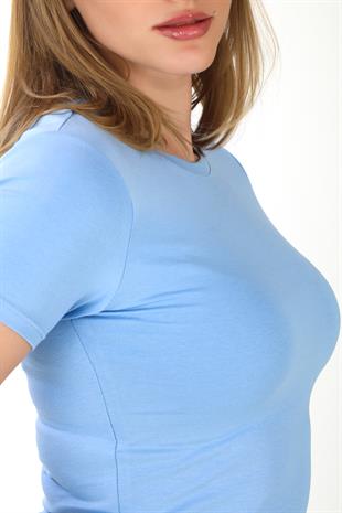 Crop Slim Fit Pamuk Likra Tişört-Mavi