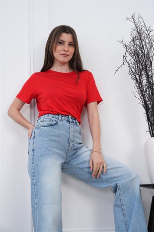 Viskon Dökümlü Tişört-Kırmızı