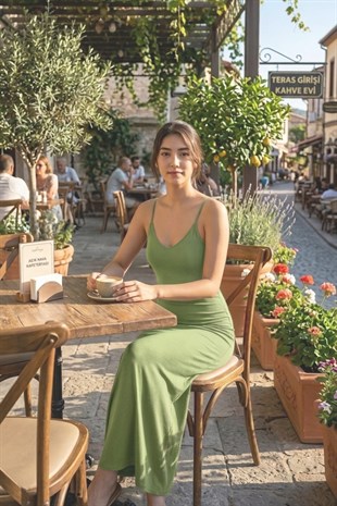 Kadın Sırtı Çapraz İp Askılı Uzun Sandy Elbise-Çağla Yeşil