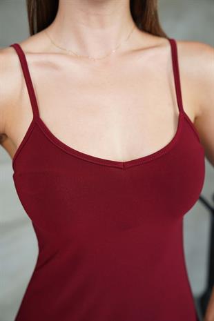  İnce Askılı Sırt Dekolteli V Yaka Kloş Elbise -Bordo