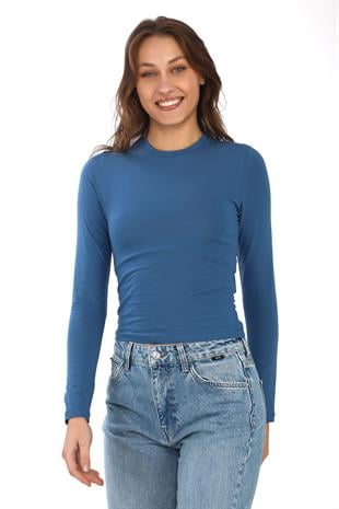 Likralı Pamuk Crop Tişört-Slim Fit -İndigo