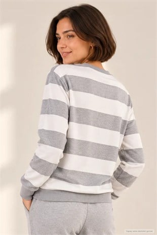 Kadın Bisiklet Yaka Sweatshirt Normal Kalıp Uzun Kollu-Gri Çizgili