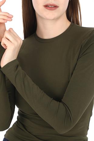 Likralı Pamuk Crop Tişört -Slim Fit-Haki