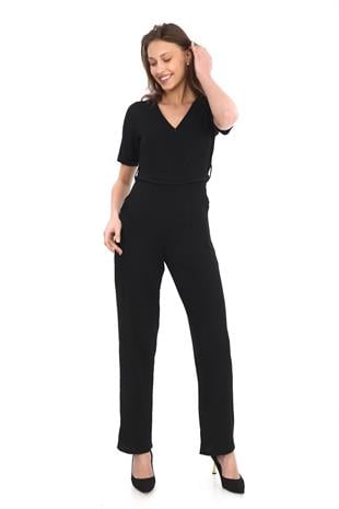 Kadın Krep Beli Kemerli ve Fermuarlı Tulum-Siyah