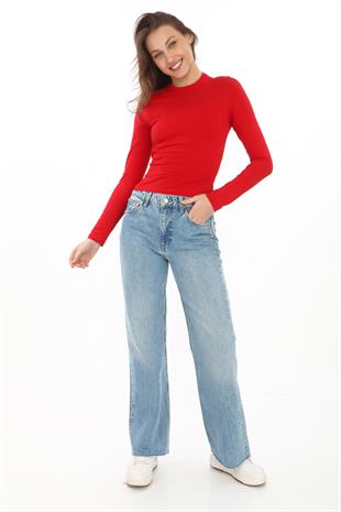 Likralı Pamuk Crop Tişört- Slim Fit-Kırmızı