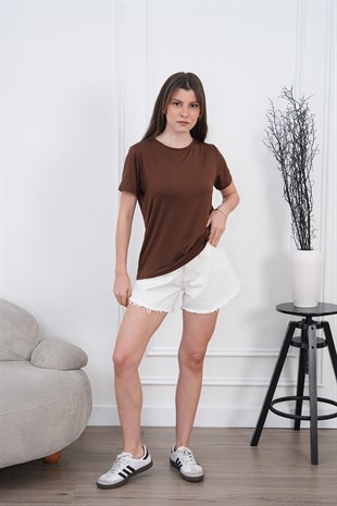 Viskon Dökümlü Tişört-Kahverengi
