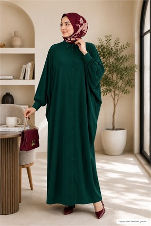 Kadın Sandy Tesettür Gömlek Elbise Abaya-Zümrüt Yeşil