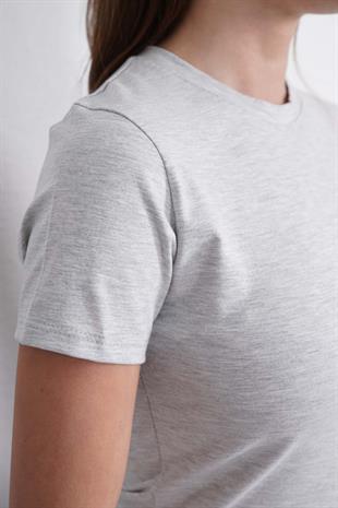 Crop Slim Fit Pamuk Likra Tişört-Kar Melanj