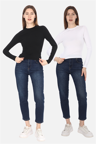 Likralı Pamuk Crop Tişört-Slim Fit 2li Satış-Siyah-Beyaz