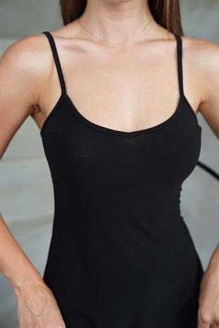  İnce Askılı Sırt Dekolteli V Yaka Kloş Elbise -Black