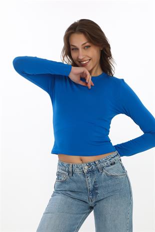 Likralı Pamuk Crop Tişört-Slim Fit -Saks