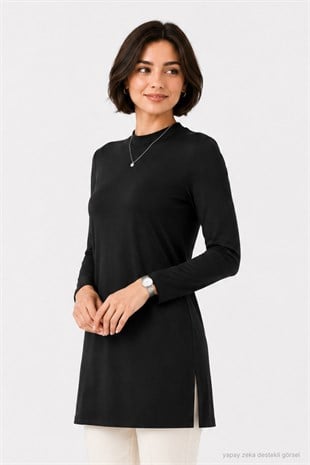 Premium Viskon Dik Yaka Uzun Tunik -Siyah