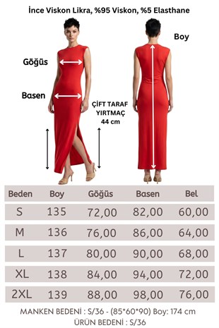 Çizgi Desen Uzun Elbise-Kırmızı