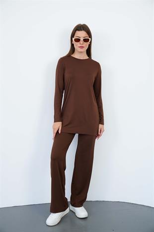 Kadın Viskon Full Likra Tunik-Kahve