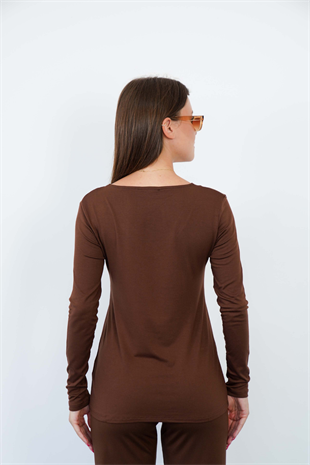 Yumuşak, Rahat ve Şık Viskon V Yaka Tişört-Kahverengi