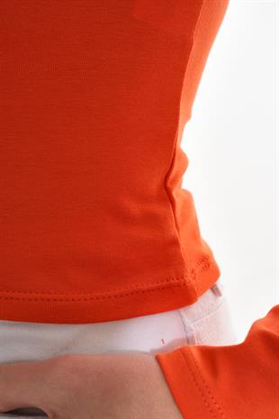 Likralı Pamuk Crop Tişört-Slim Fit -Turuncu