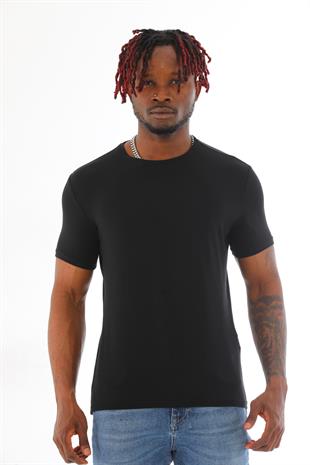 Erkek Slim Fit Pamuk Likra Basic Kısa Kol T-shirt-Siyah