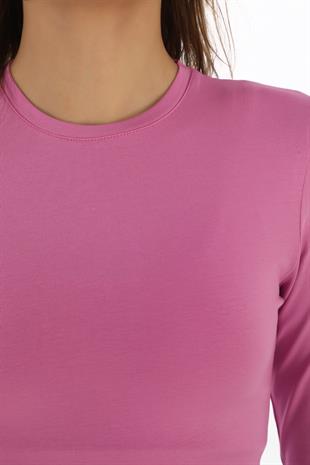 Likralı Pamuk Crop Tişört-Slim Fit -Koyu Pembe