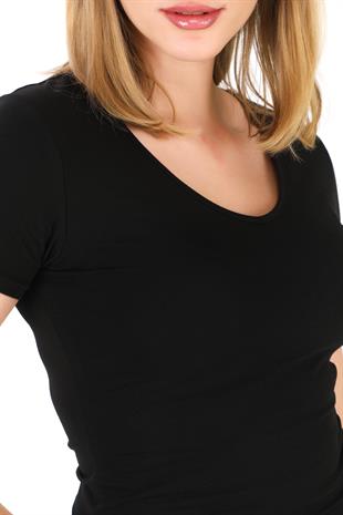 V Yaka Slim Fit Crop Tişört-Siyah