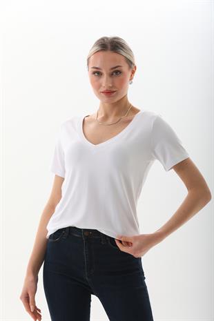 Viskon Dökümlü V Yaka 2li Tişört-Siyah-Beyaz