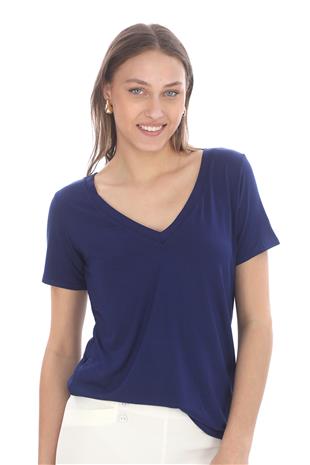 Viskon Dökümlü V Yaka Tişört-Lacivert