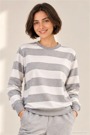 Kadın Bisiklet Yaka Sweatshirt Normal Kalıp Uzun Kollu-Gri Çizgili