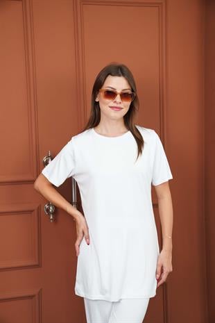 Soft Viskon Uzun Tunik-Beyaz